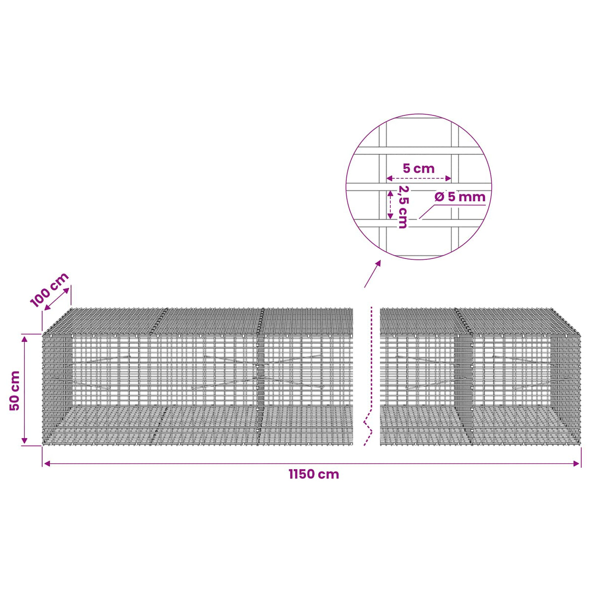 vidaXL Gabion with 5 mm Wire and 5x2.5 cm Mesh 1150x100x50 cm 6