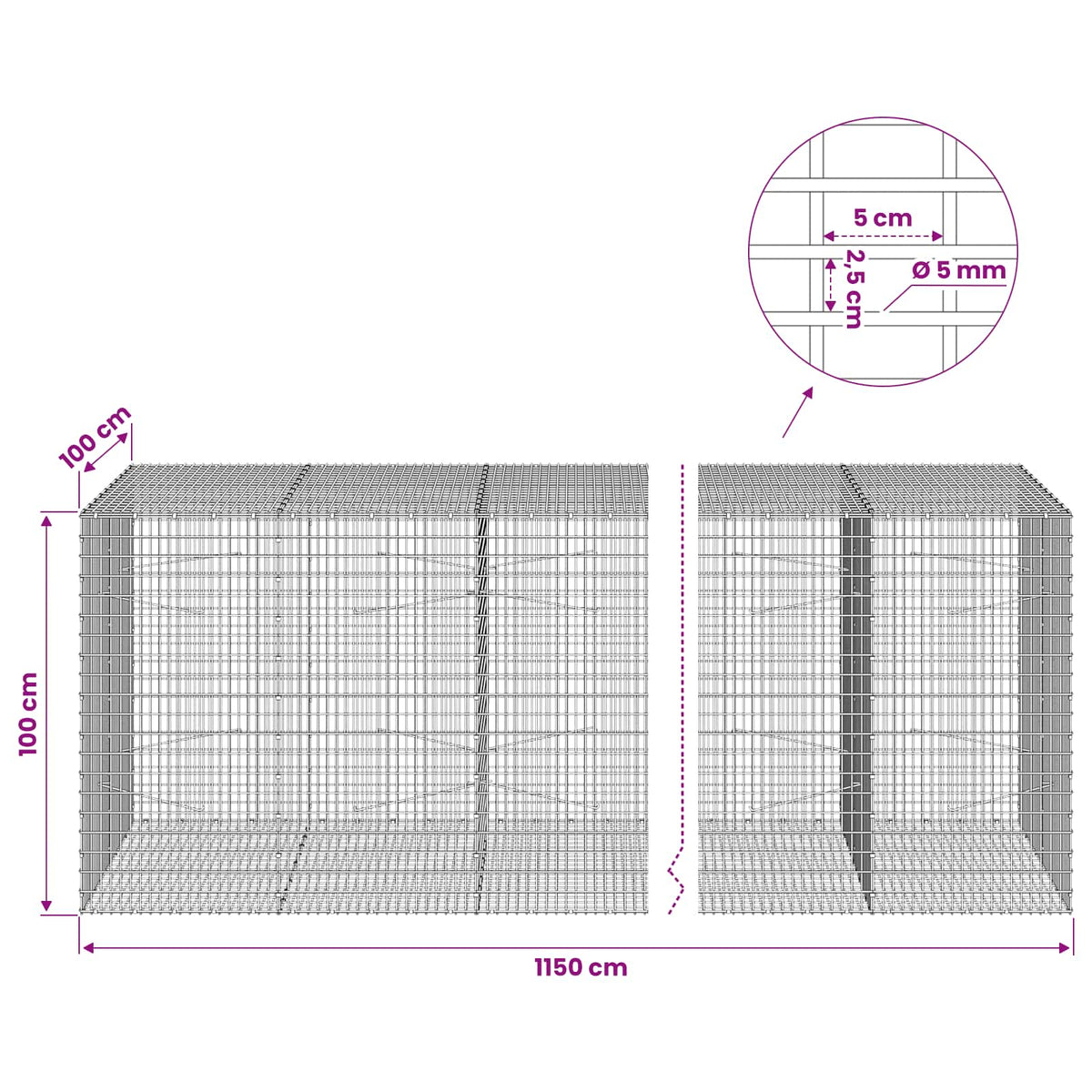 vidaXL Gabion with 5 mm Wire and 5x2.5 cm Mesh 1150x100x100 cm 6