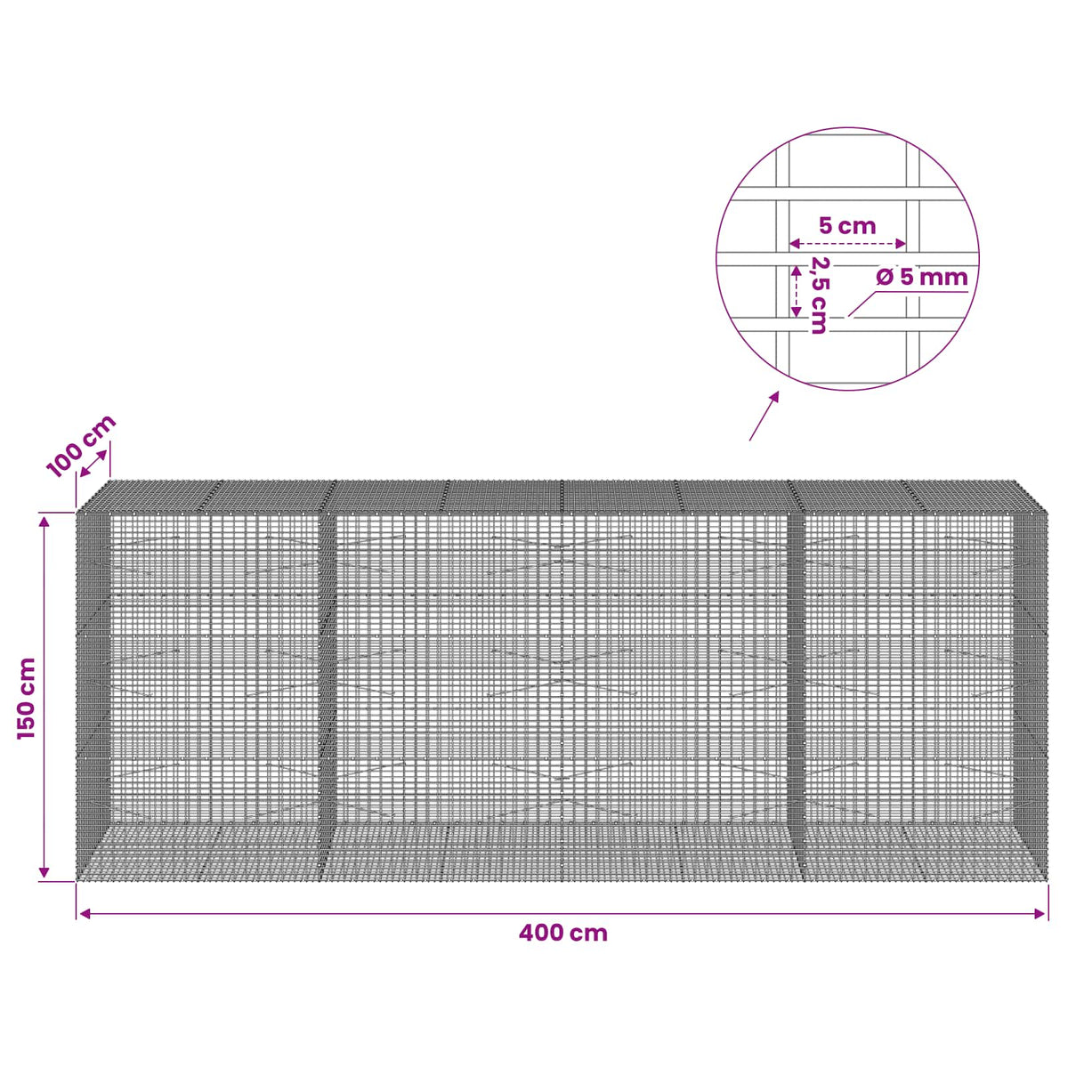 vidaXL Gabion with 5 mm Wire and 5x2.5 cm Mesh 400x100x150 cm 6
