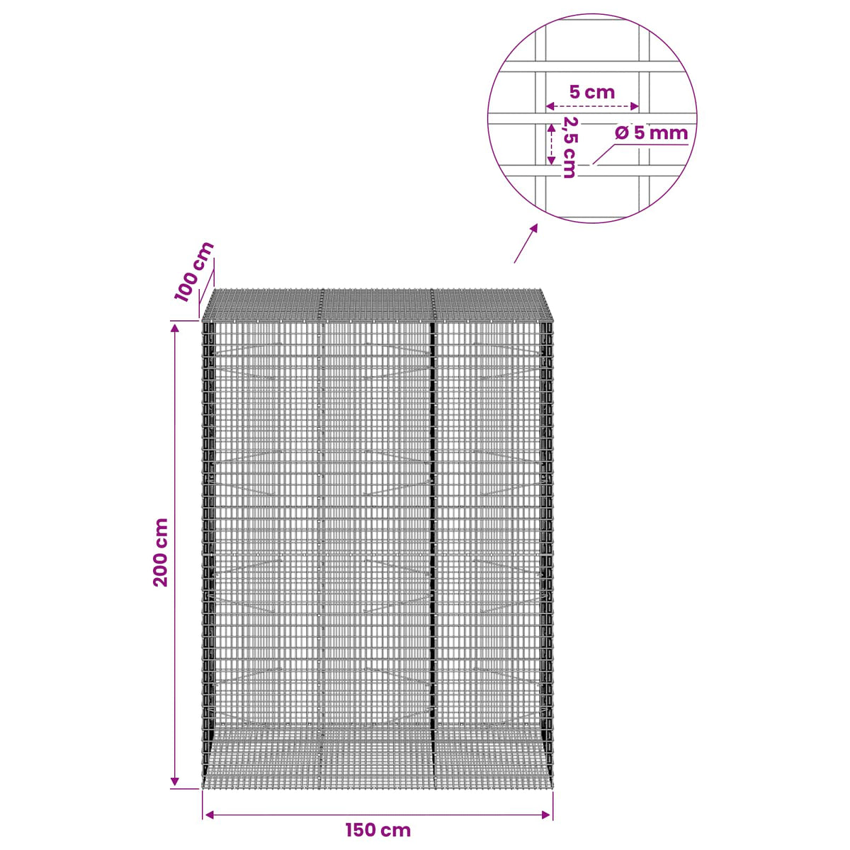 vidaXL Gabion with 5 mm Wire and 5x2.5 cm Mesh 150x100x200 cm 6