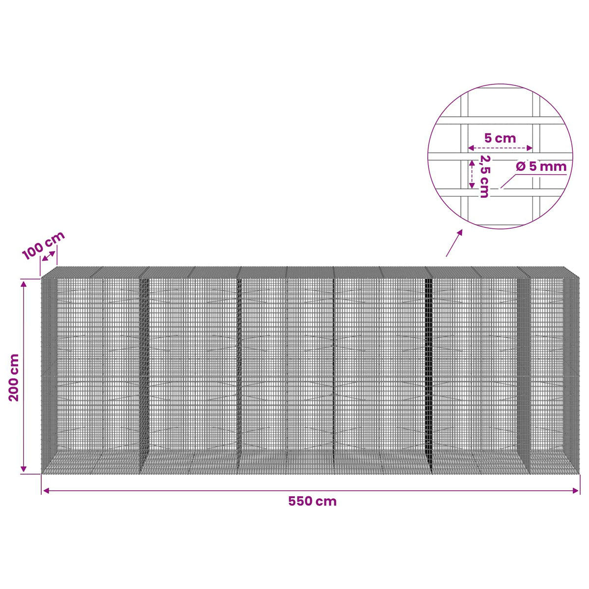 vidaXL Gabion with 5 mm Wire and 5x2.5 cm Mesh 550x100x200 cm 6