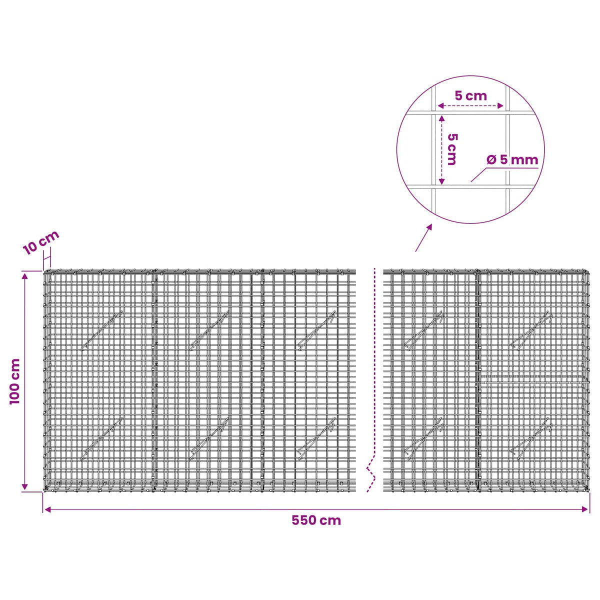 vidaXL Gabion with 5 mm Wire and 5x5 cm Mesh 550x10x100 cm 6