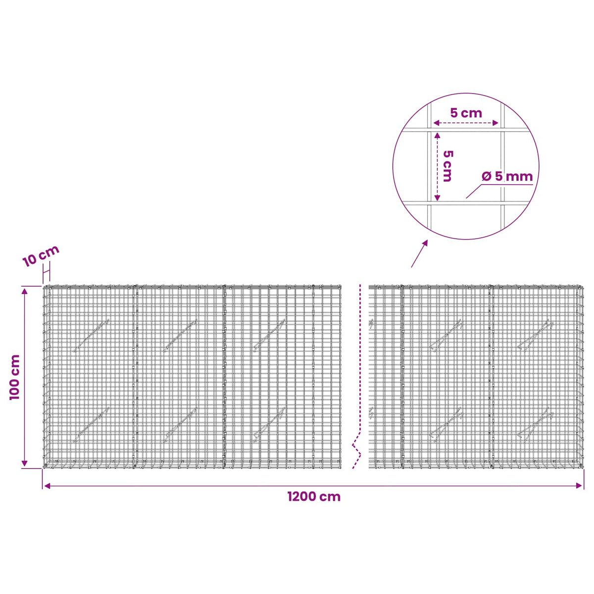 vidaXL Gabion with 5 mm Wire and 5x5 cm Mesh 1200x10x100 cm 6