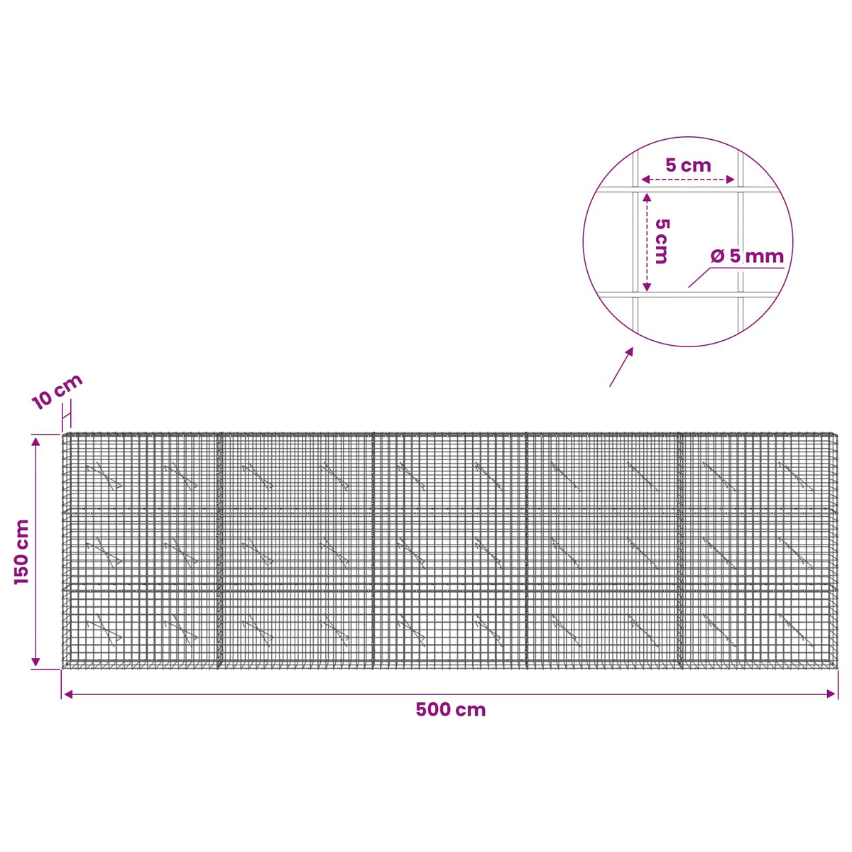 vidaXL Gabion with 5 mm Wire and 5x5 cm Mesh 500x10x150 cm 6
