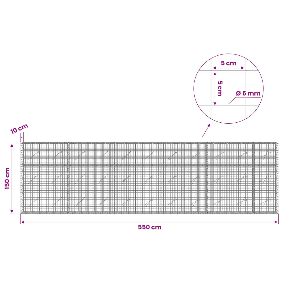 vidaXL Gabion with 5 mm Wire and 5x5 cm Mesh 550x10x150 cm 6