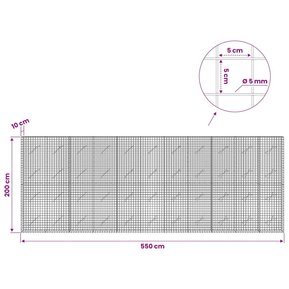 vidaXL Gabion with 5 mm Wire and 5x5 cm Mesh 550x10x200 cm 6