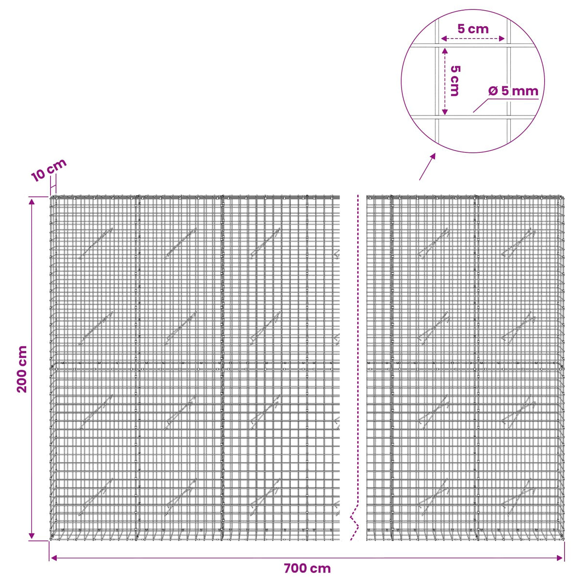 vidaXL Gabion with 5 mm Wire and 5x5 cm Mesh 700x10x200 cm 6