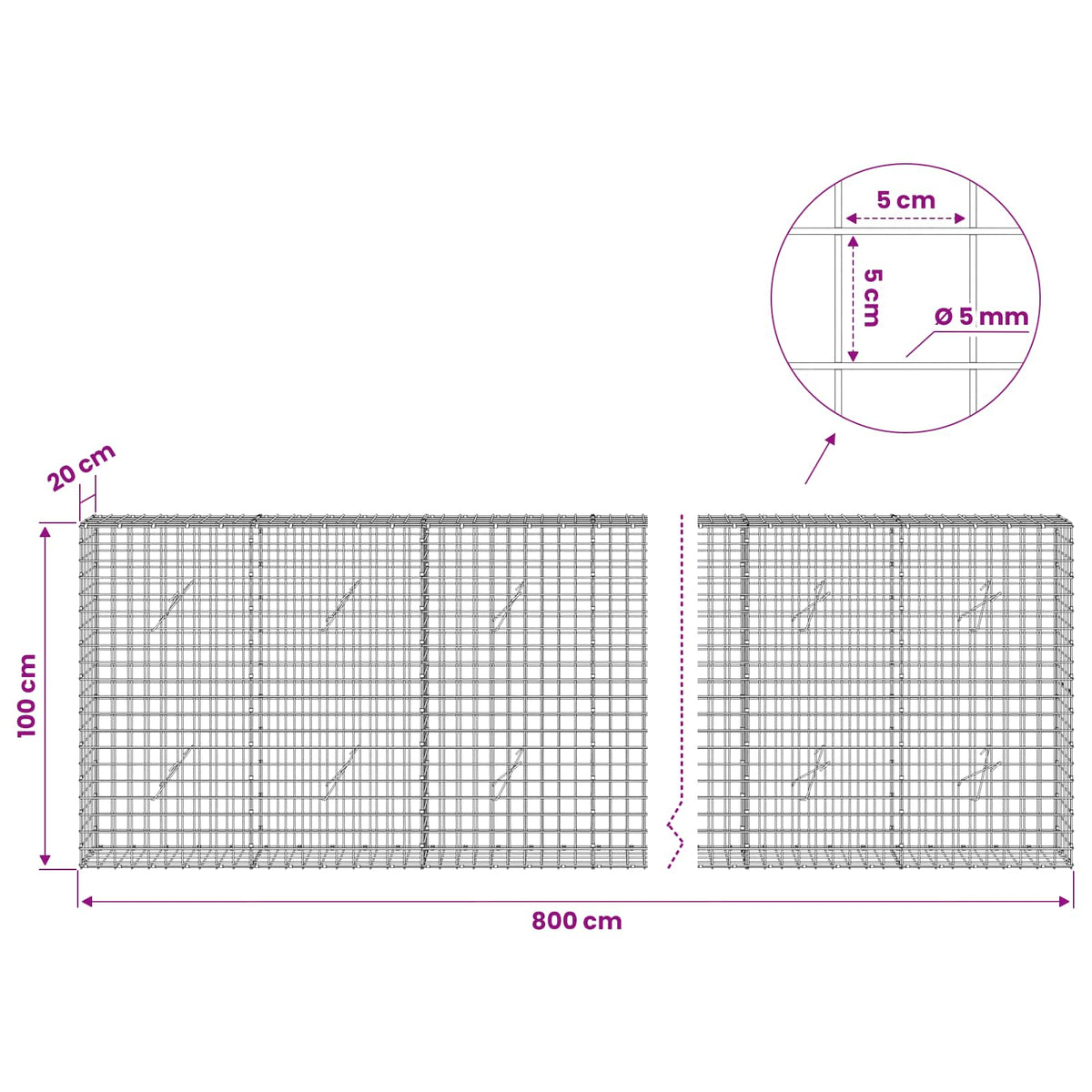 vidaXL Gabion with 5 mm Wire and 5x5 cm Mesh 800x20x100 cm 6