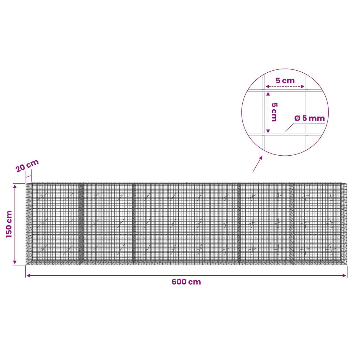 vidaXL Gabion with 5 mm Wire and 5x5 cm Mesh 600x20x150 cm 6