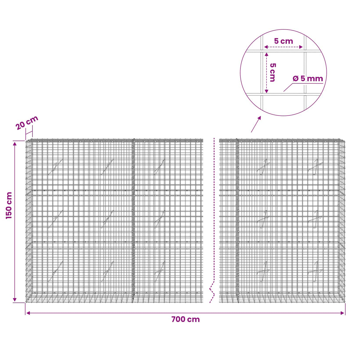 vidaXL Gabion with 5 mm Wire and 5x5 cm Mesh 700x20x150 cm 6