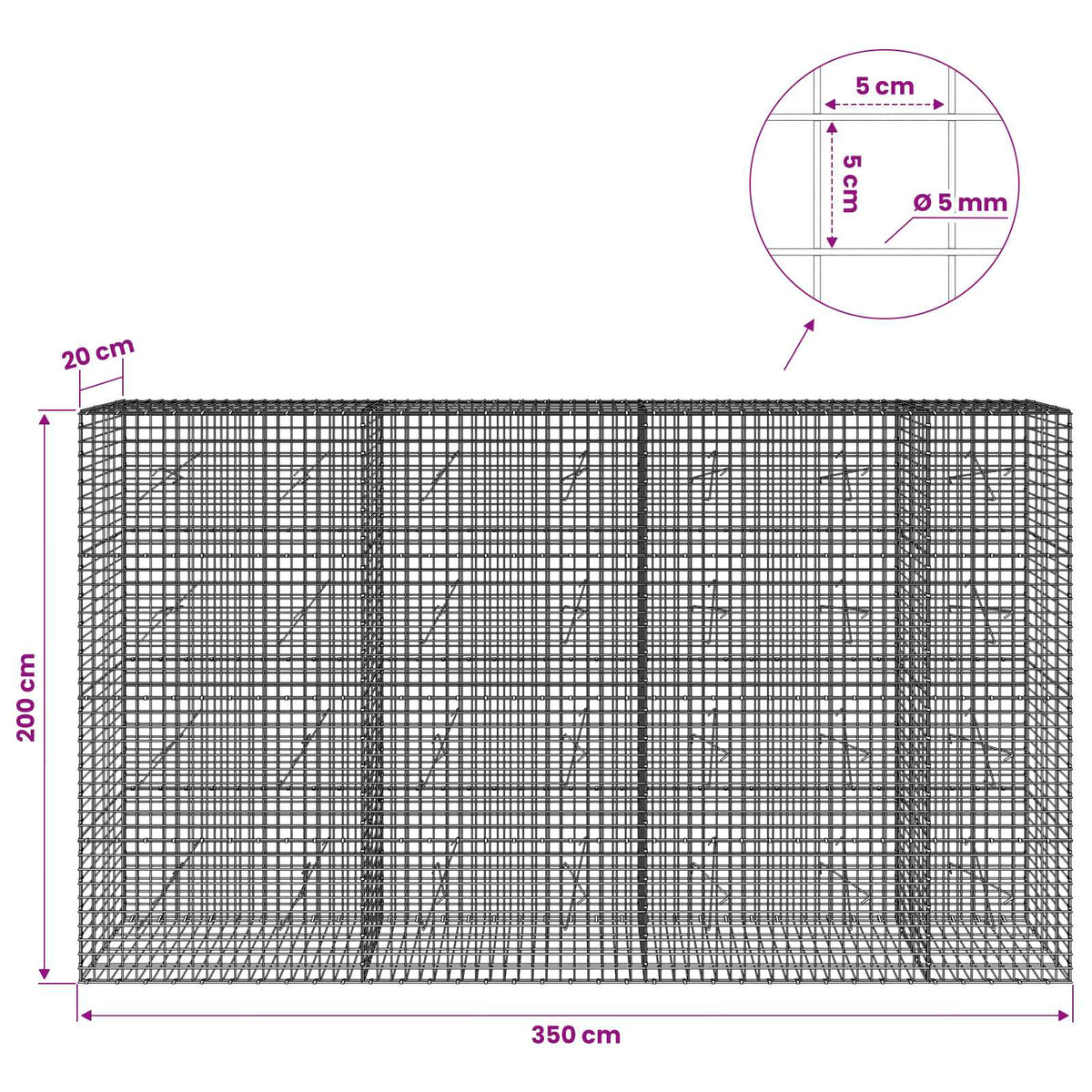 vidaXL Gabion with 5 mm Wire and 5x5 cm Mesh 350x20x200 cm 6