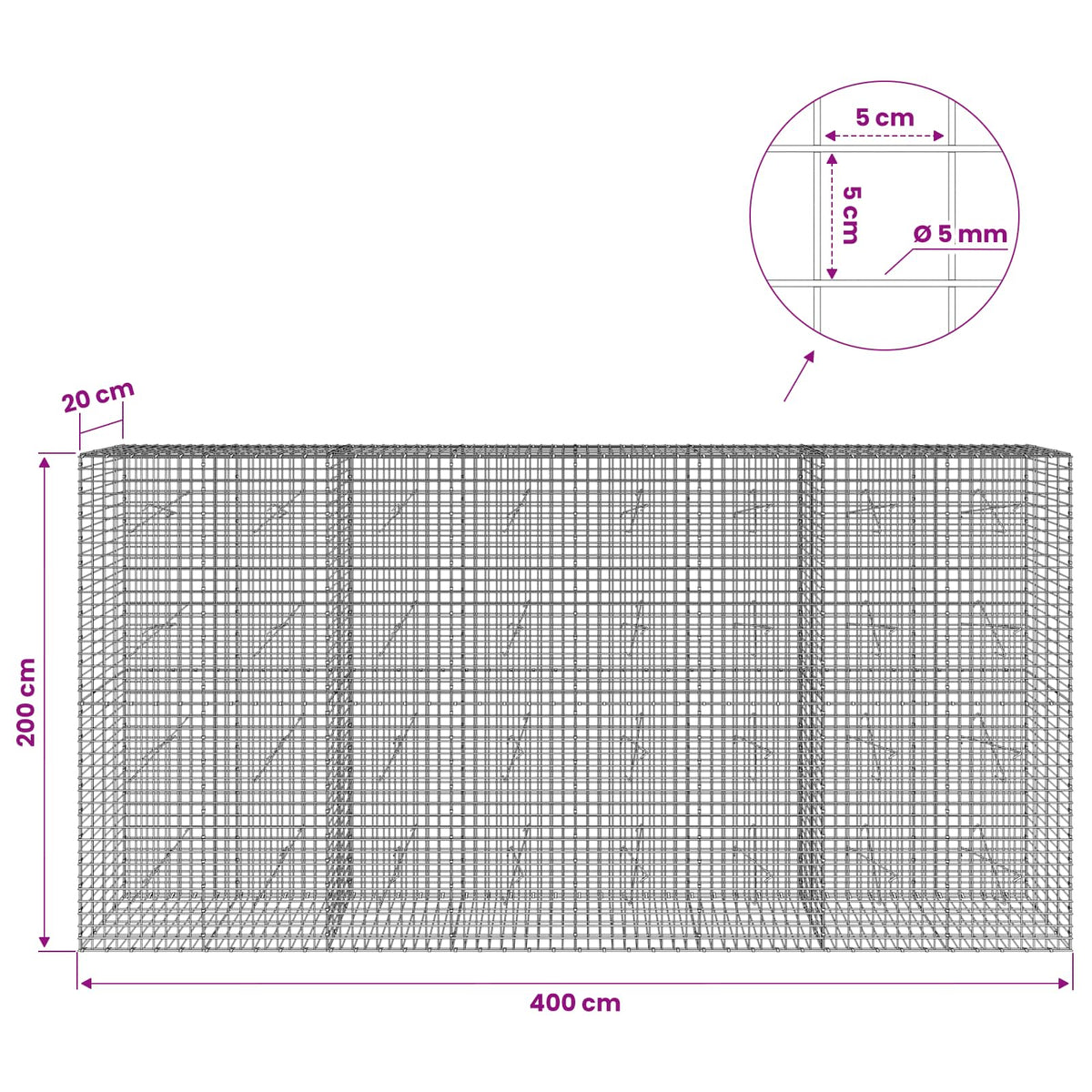 vidaXL Gabion with 5 mm Wire and 5x5 cm Mesh 400x20x200 cm 6