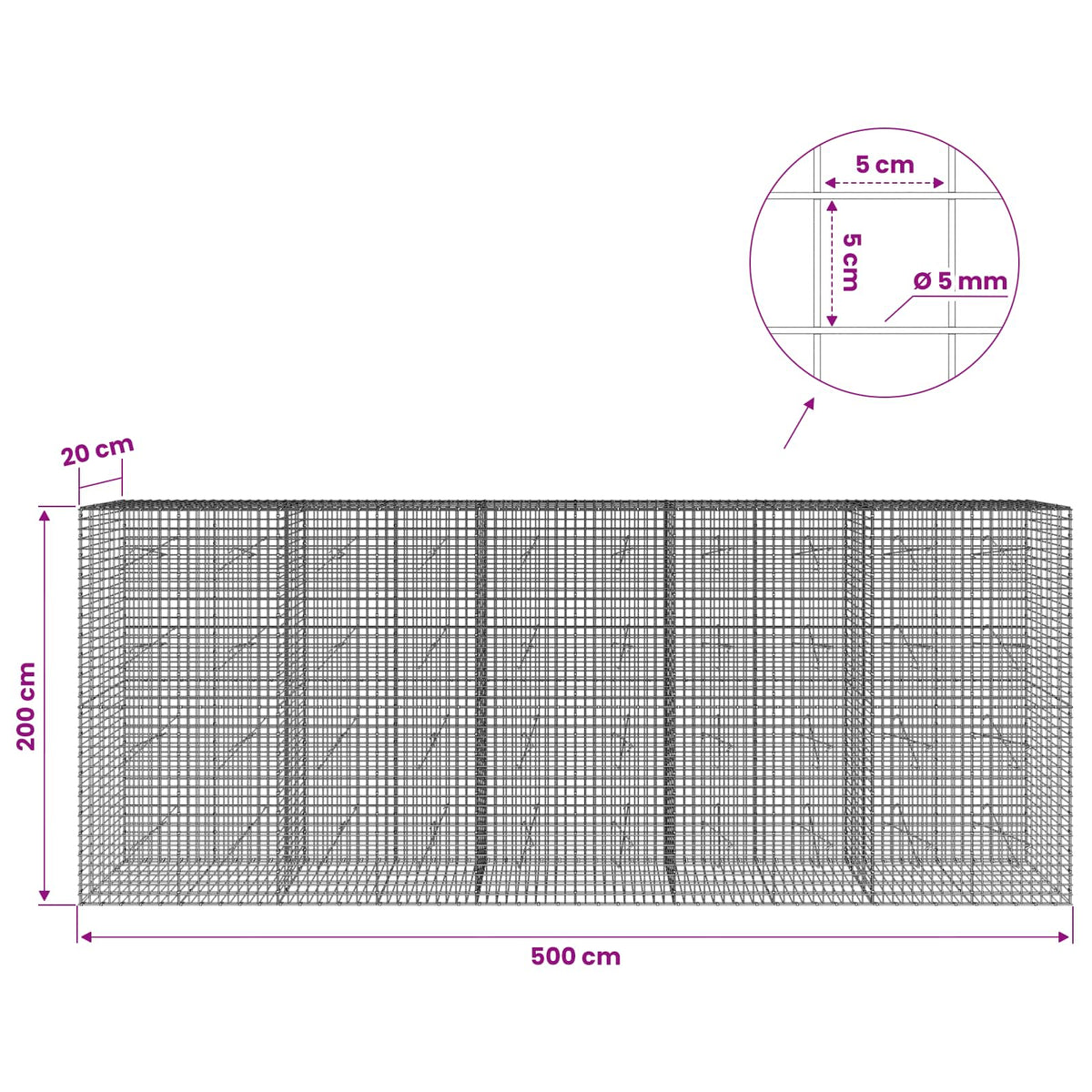 vidaXL Gabion with 5 mm Wire and 5x5 cm Mesh 500x20x200 cm 6