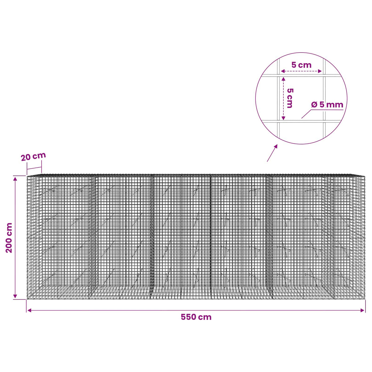 vidaXL Gabion with 5 mm Wire and 5x5 cm Mesh 550x20x200 cm 6