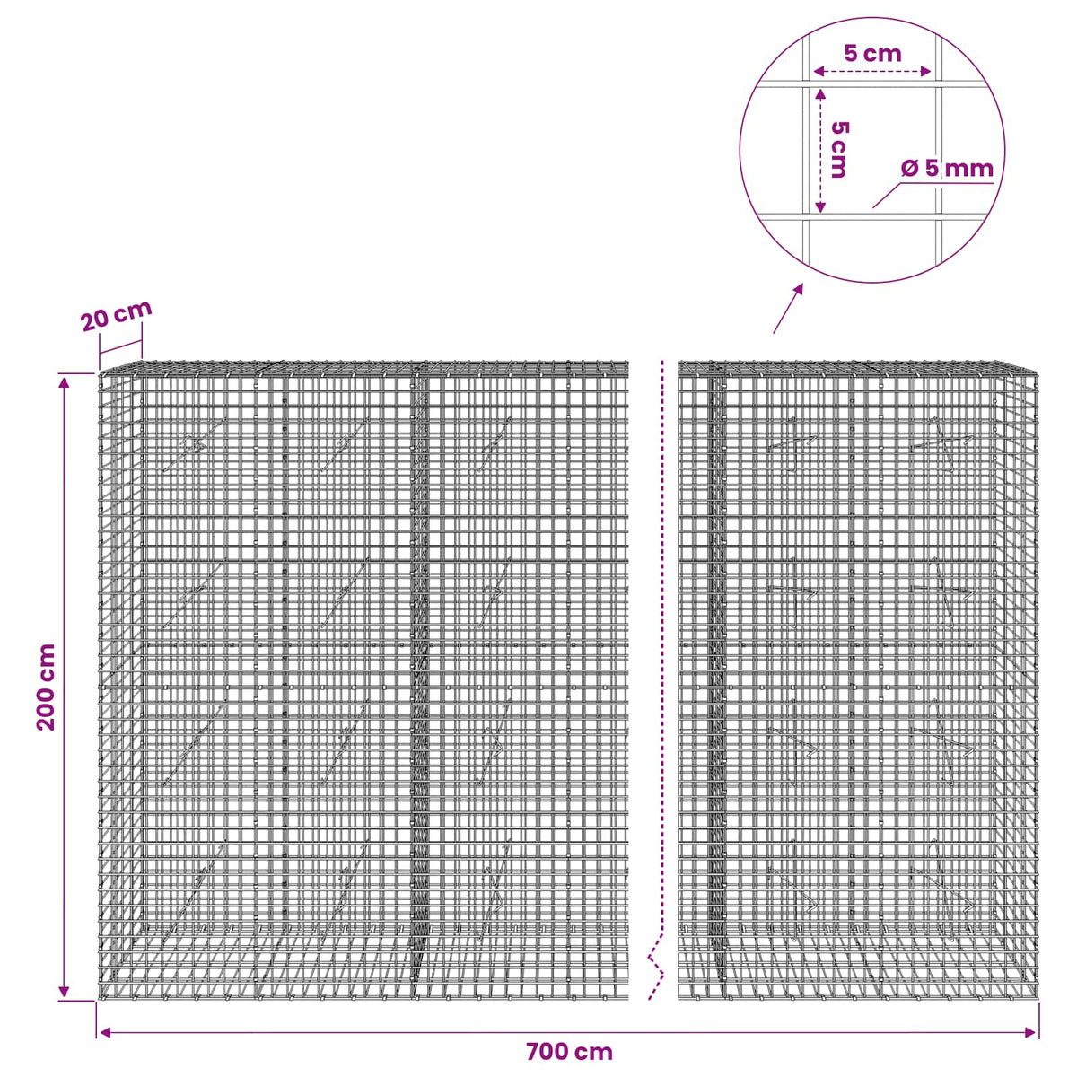 vidaXL Gabion with 5 mm Wire and 5x5 cm Mesh 700x20x200 cm 6