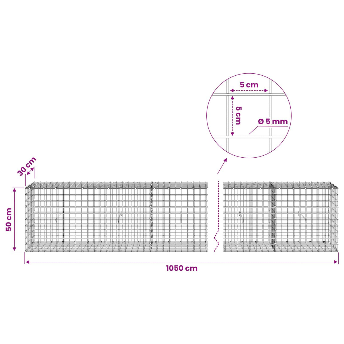 vidaXL Gabion with 5 mm Wire and 5x5 cm Mesh 1050x30x50 cm 6