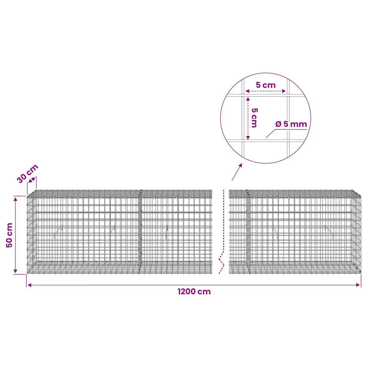 vidaXL Gabion with 5 mm Wire and 5x5 cm Mesh 1200x30x50 cm 6
