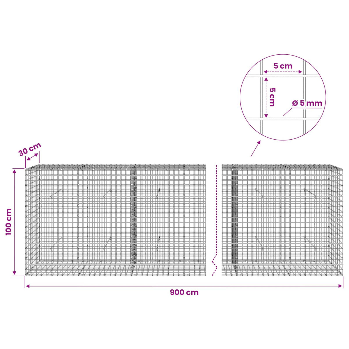 vidaXL Gabion with 5 mm Wire and 5x5 cm Mesh 900x30x100 cm 6
