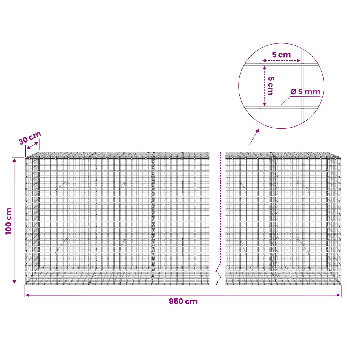 vidaXL Gabion with 5 mm Wire and 5x5 cm Mesh 950x30x100 cm 6