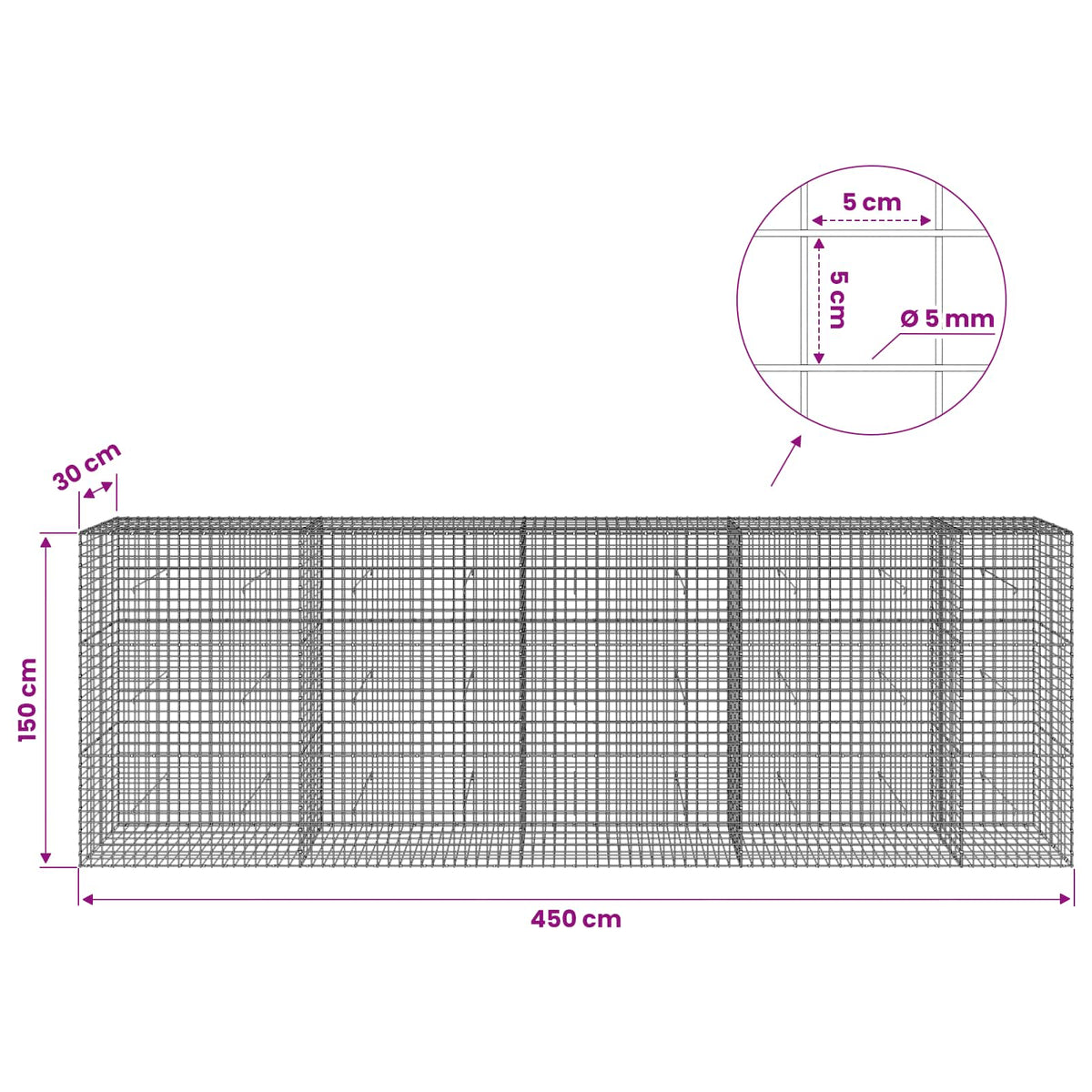 vidaXL Gabion with 5 mm Wire and 5x5 cm Mesh 450x30x150 cm 6