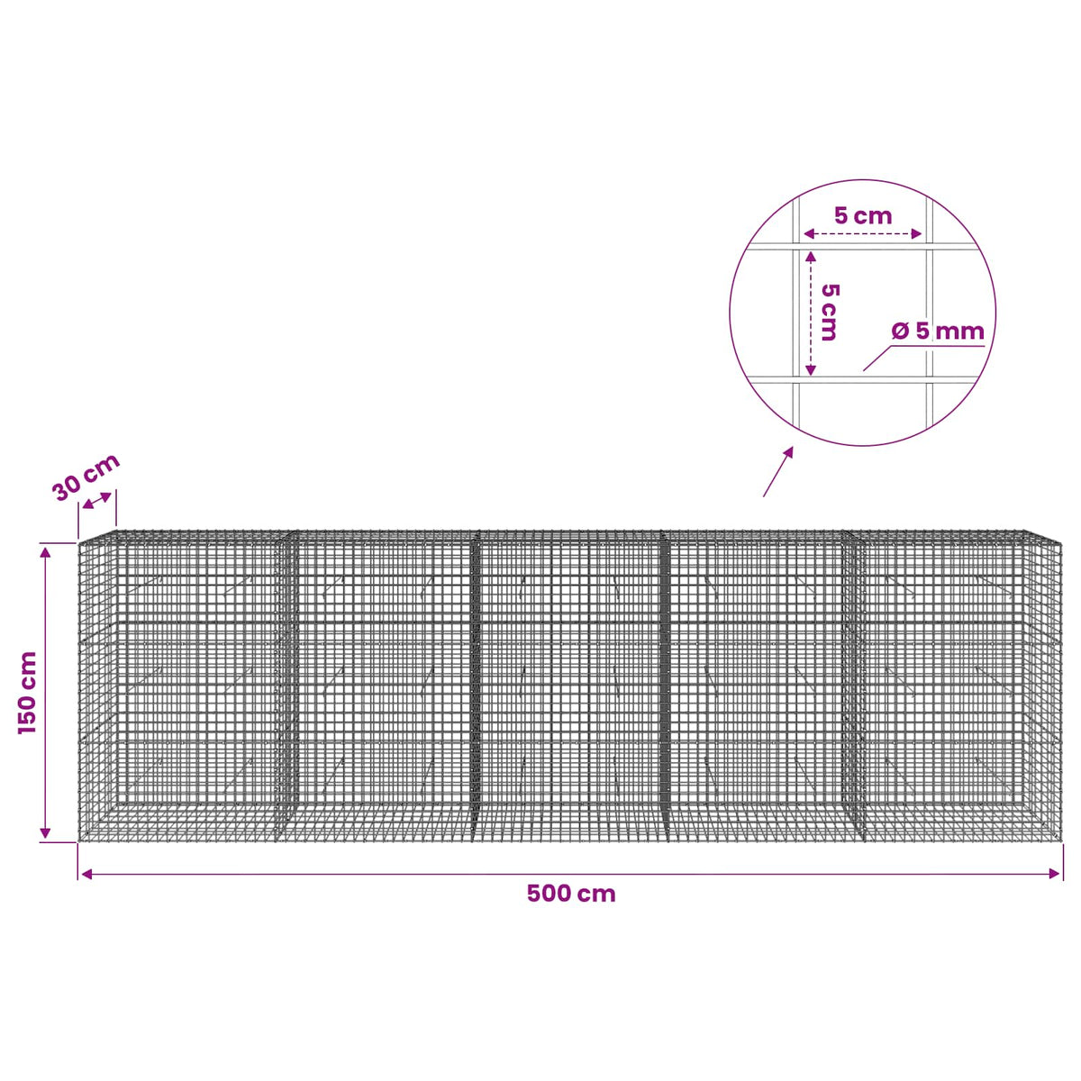 vidaXL Gabion with 5 mm Wire and 5x5 cm Mesh 500x30x150 cm 6