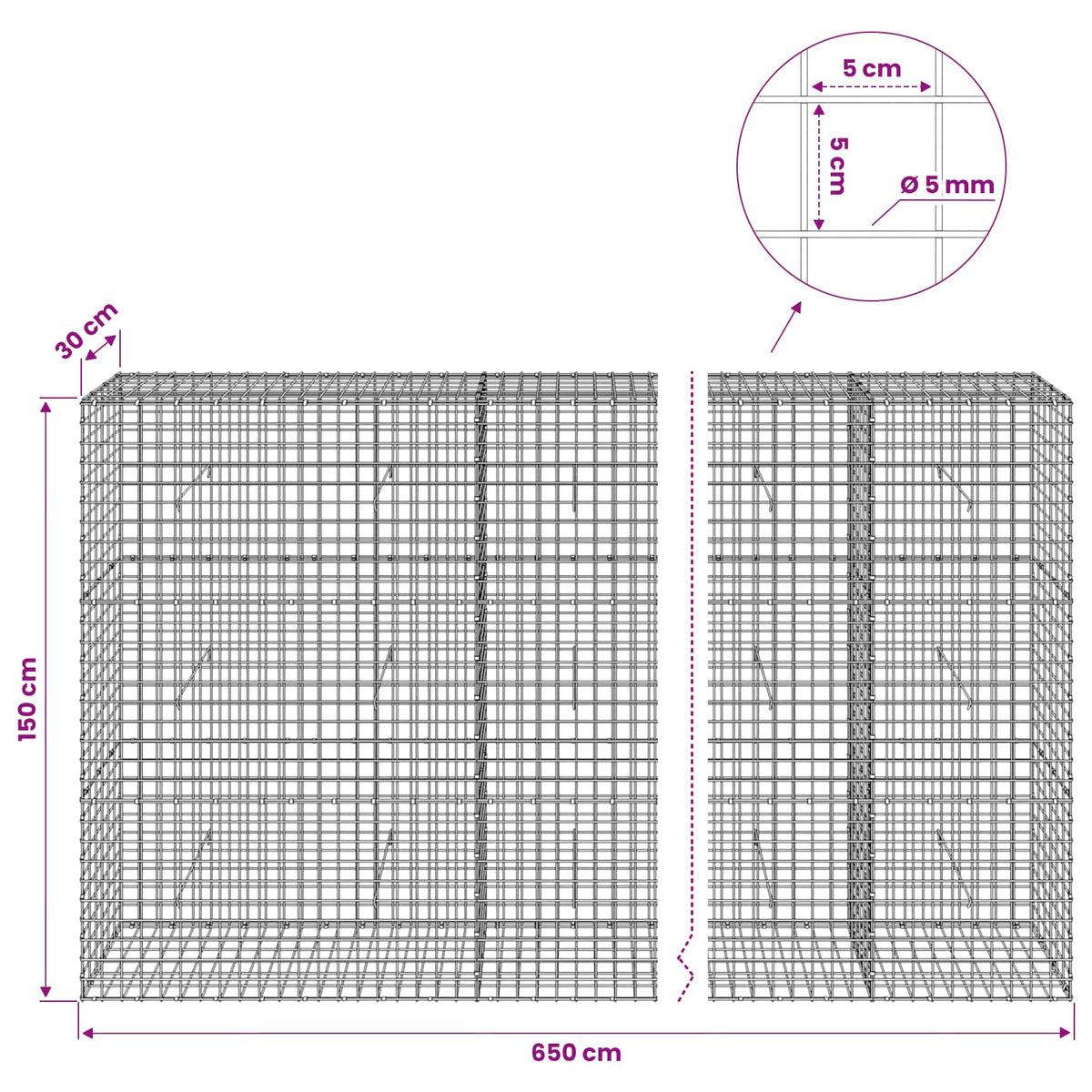 vidaXL Gabion with 5 mm Wire and 5x5 cm Mesh 650x30x150 cm 6