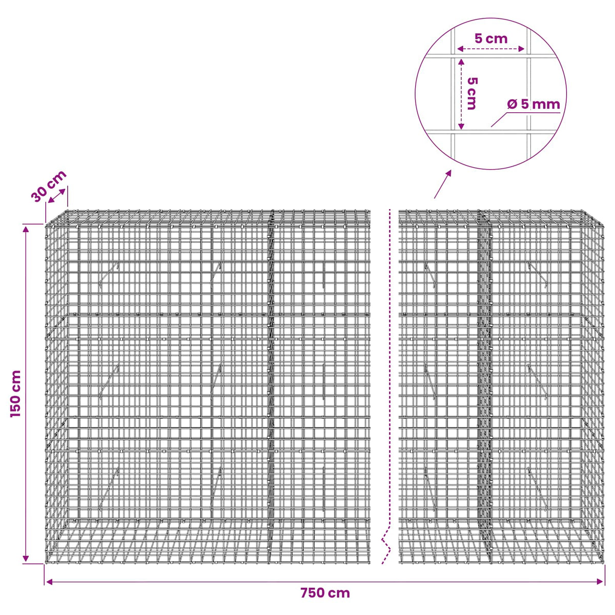 vidaXL Gabion with 5 mm Wire and 5x5 cm Mesh 750x30x150 cm 6