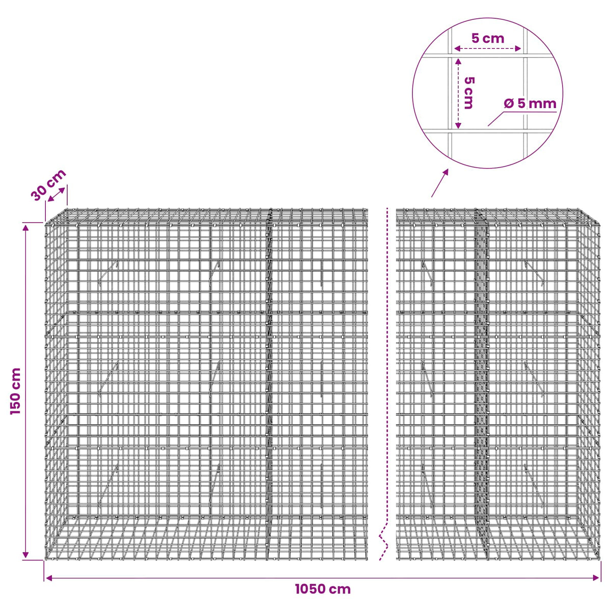 vidaXL Gabion with 5 mm Wire and 5x5 cm Mesh 1050x30x150 cm 6