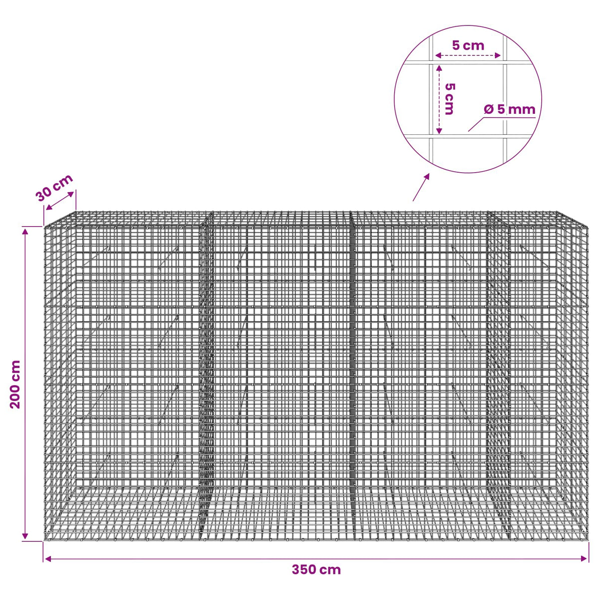 vidaXL Gabion with 5 mm Wire and 5x5 cm Mesh 350x30x200 cm 6