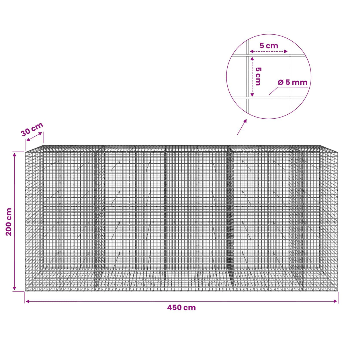 vidaXL Gabion with 5 mm Wire and 5x5 cm Mesh 450x30x200 cm 6