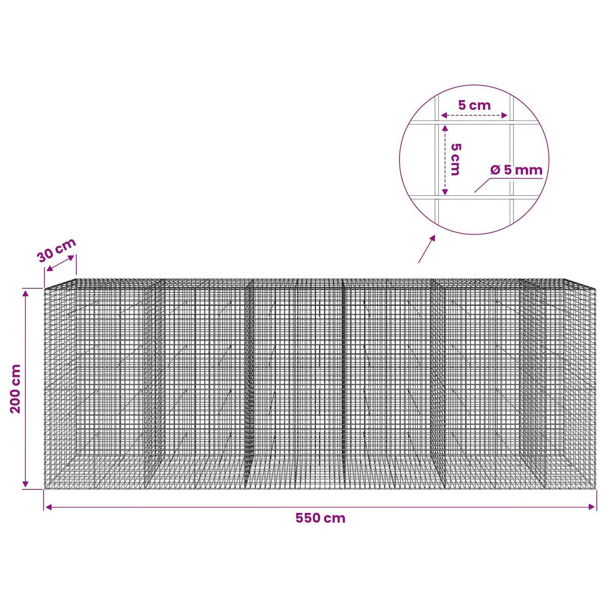 vidaXL Gabion with 5 mm Wire and 5x5 cm Mesh 550x30x200 cm 6