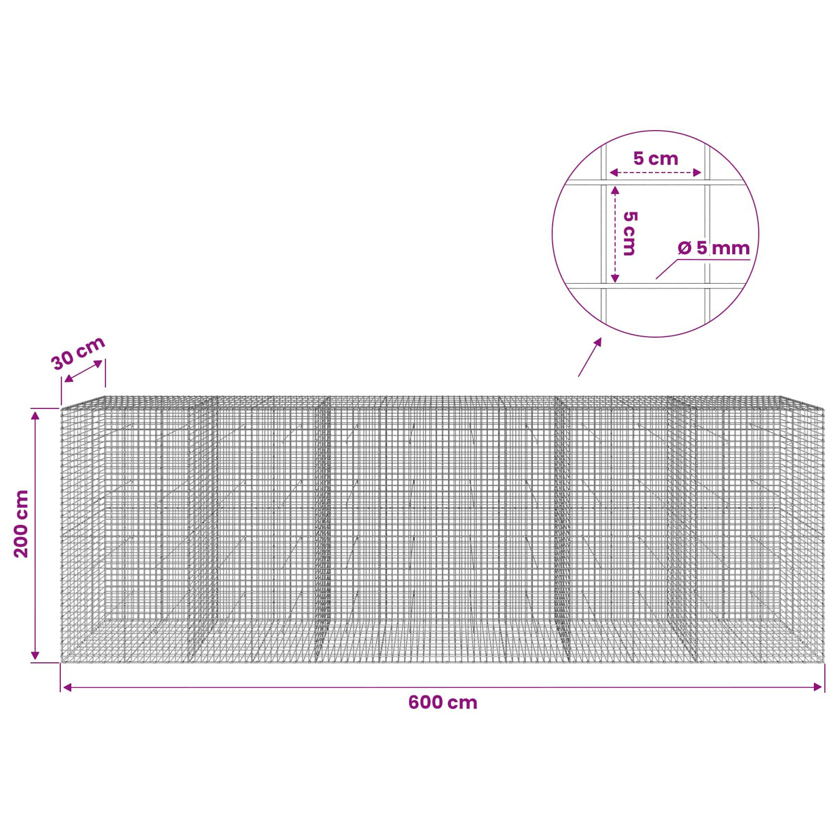 vidaXL Gabion with 5 mm Wire and 5x5 cm Mesh 600x30x200 cm 6