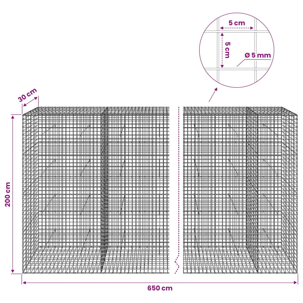 vidaXL Gabion with 5 mm Wire and 5x5 cm Mesh 650x30x200 cm 6