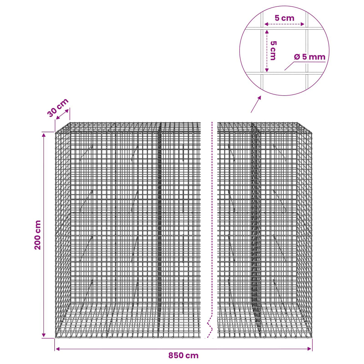 vidaXL Gabion with 5 mm Wire and 5x5 cm Mesh 850x30x200 cm 6
