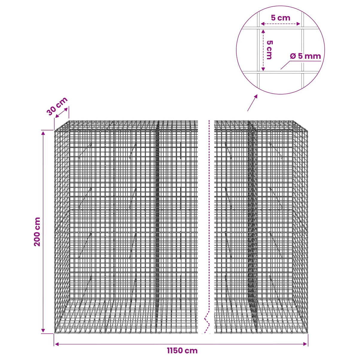 vidaXL Gabion with 5 mm Wire and 5x5 cm Mesh 1150x30x200 cm 6