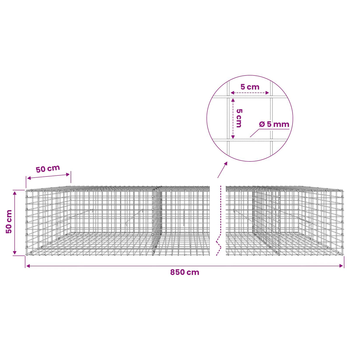vidaXL Gabion with 5 mm Wire and 5x5 cm Mesh 850x50x50 cm 6