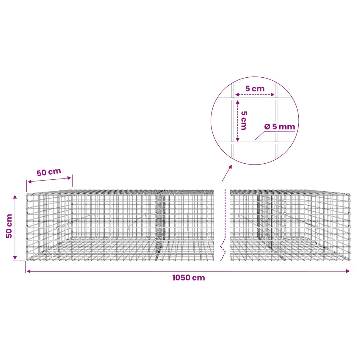 vidaXL Gabion with 5 mm Wire and 5x5 cm Mesh 1050x50x50 cm 6