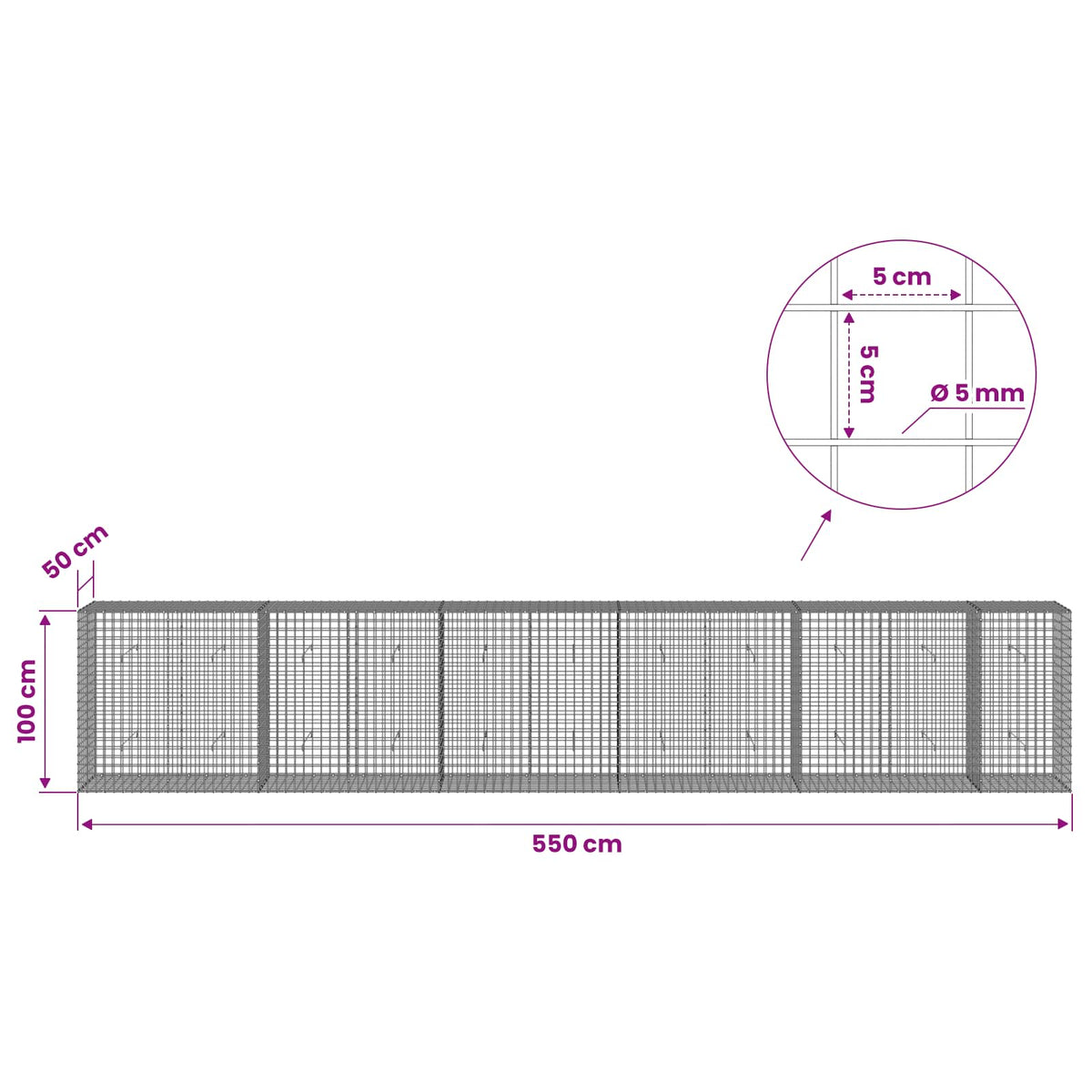 vidaXL Gabion with 5 mm Wire and 5x5 cm Mesh 550x50x100 cm 6