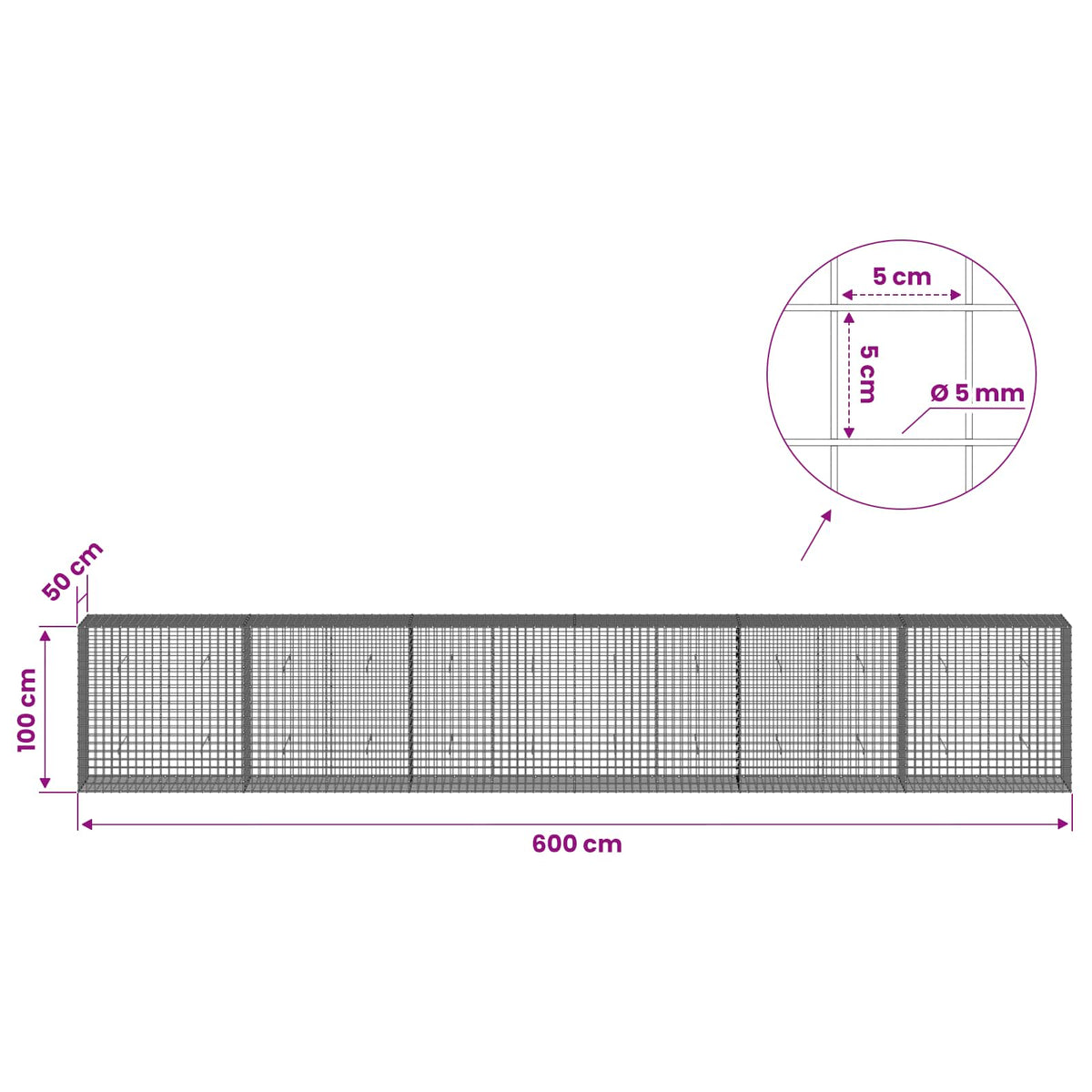 vidaXL Gabion with 5 mm Wire and 5x5 cm Mesh 600x50x100 cm 6