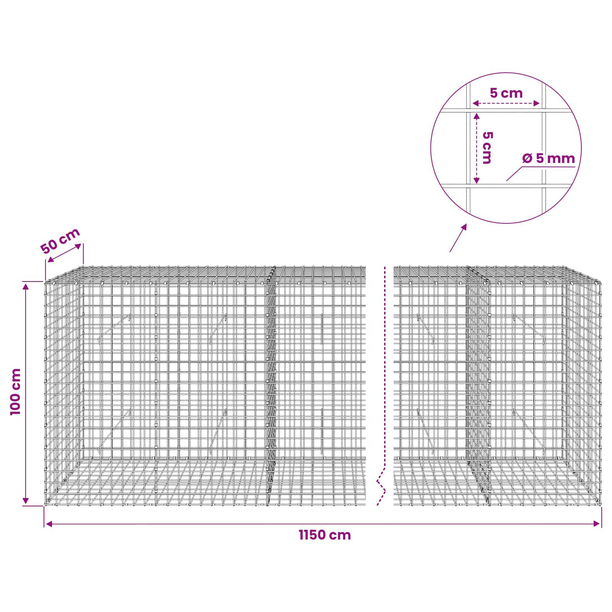 vidaXL Gabion with 5 mm Wire and 5x5 cm Mesh 1150x50x100 cm 6