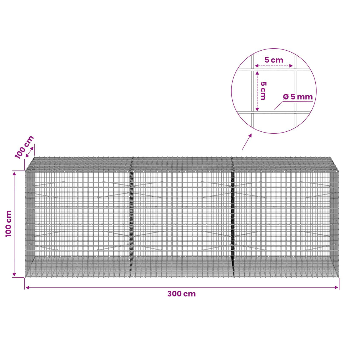 vidaXL Gabion with 5 mm Wire and 5x5 cm Mesh 300x100x100 cm 6