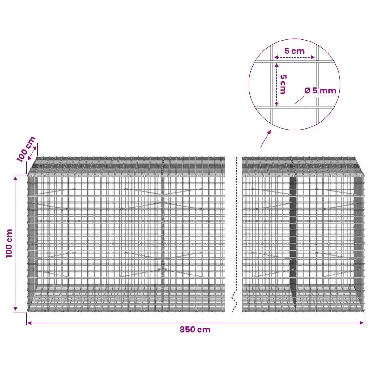 vidaXL Gabion with 5 mm Wire and 5x5 cm Mesh 850x100x100 cm 6