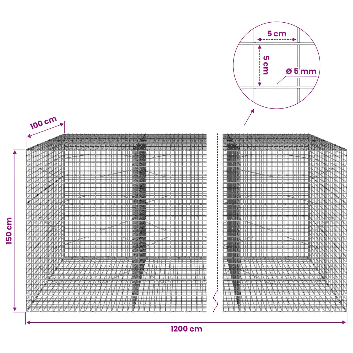 vidaXL Gabion with 5 mm Wire and 5x5 cm Mesh 1200x100x150 cm 6