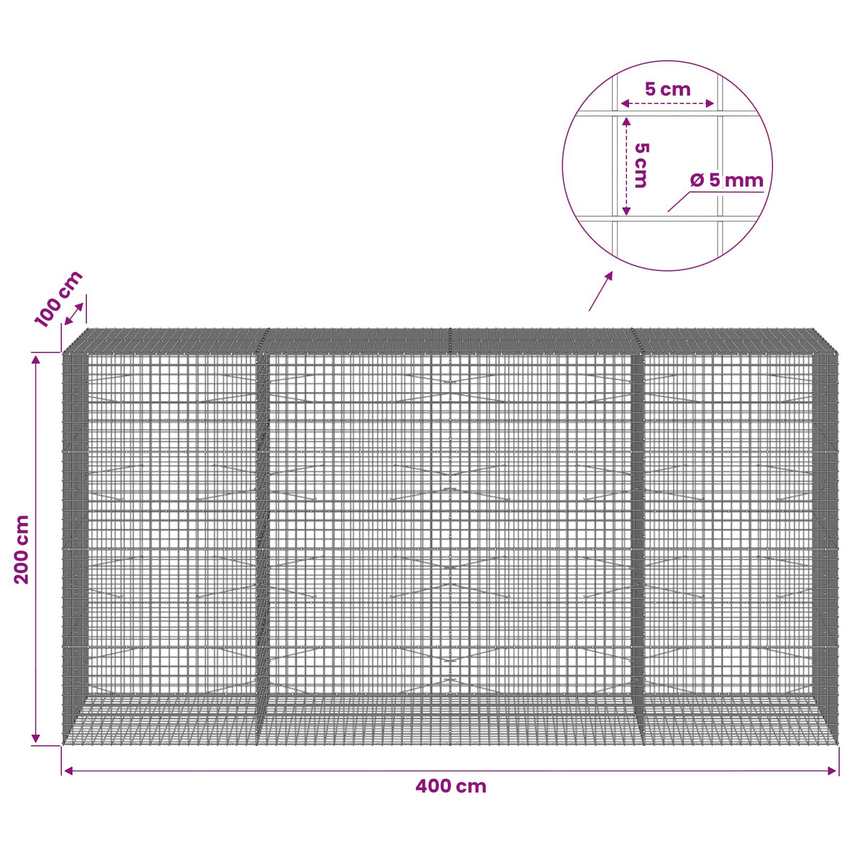 vidaXL Gabion with 5 mm Wire and 5x5 cm Mesh 400x100x200 cm 6