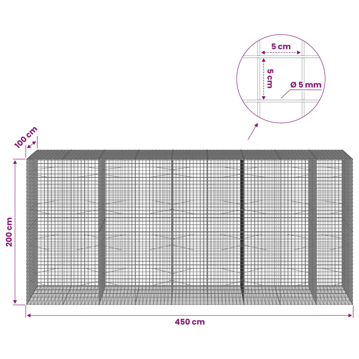 vidaXL Gabion with 5 mm Wire and 5x5 cm Mesh 450x100x200 cm 6