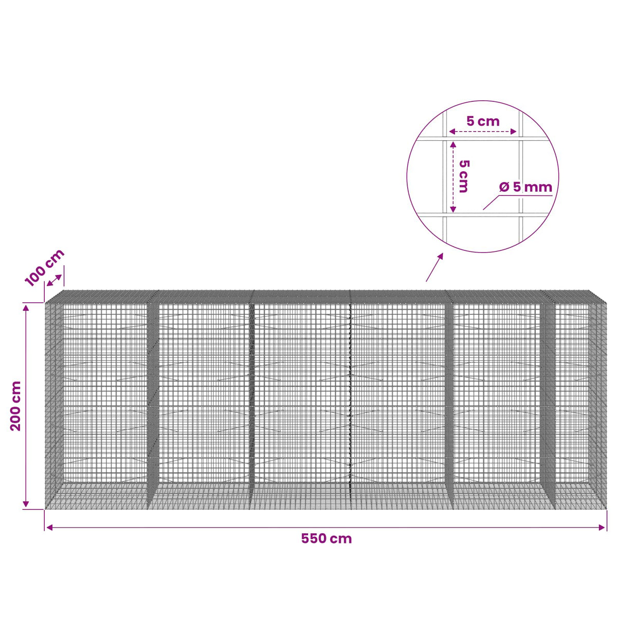 vidaXL Gabion with 5 mm Wire and 5x5 cm Mesh 550x100x200 cm 6