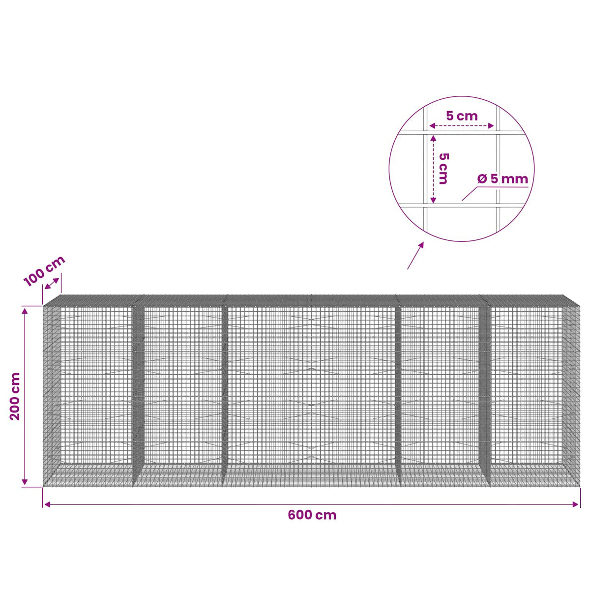 vidaXL Gabion with 5 mm Wire and 5x5 cm Mesh 600x100x200 cm 6