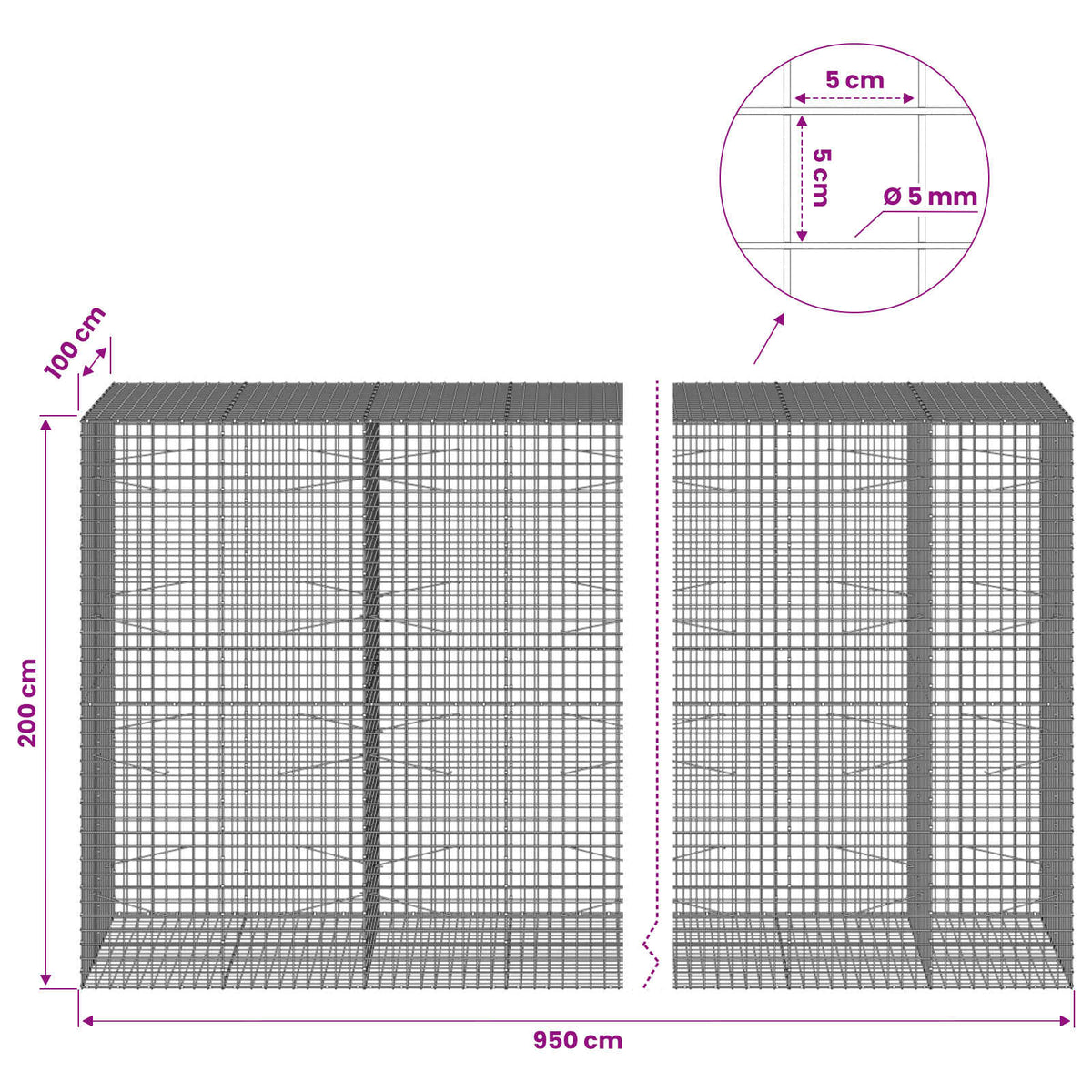 vidaXL Gabion with 5 mm Wire and 5x5 cm Mesh 950x100x200 cm 6