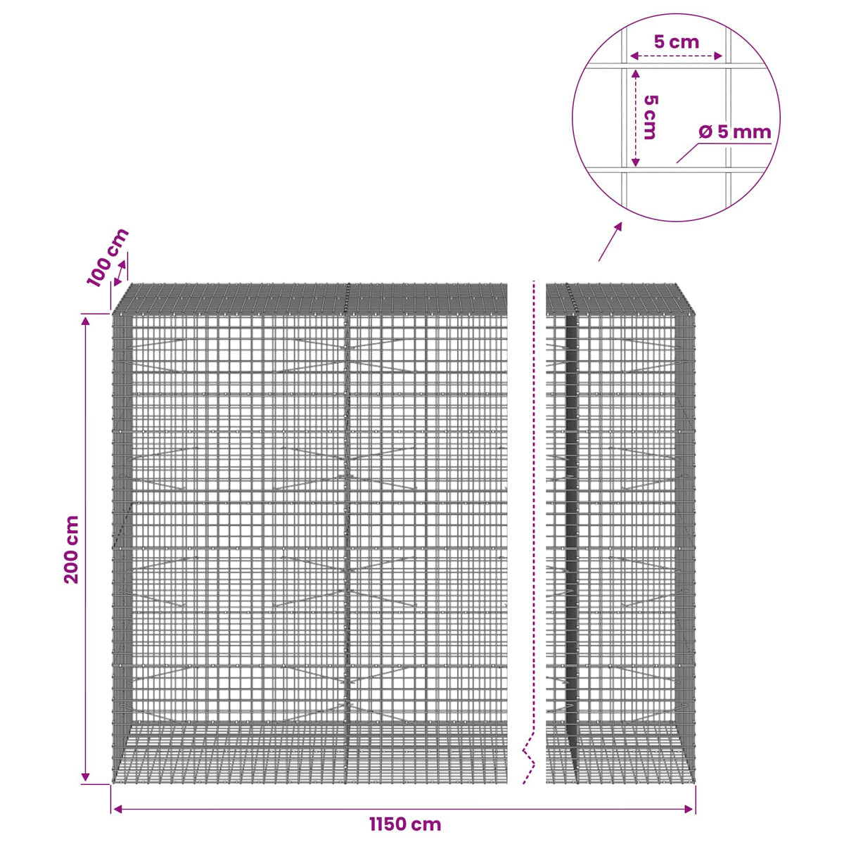 vidaXL Gabion with 5 mm Wire and 5x5 cm Mesh 1150x100x200 cm 6