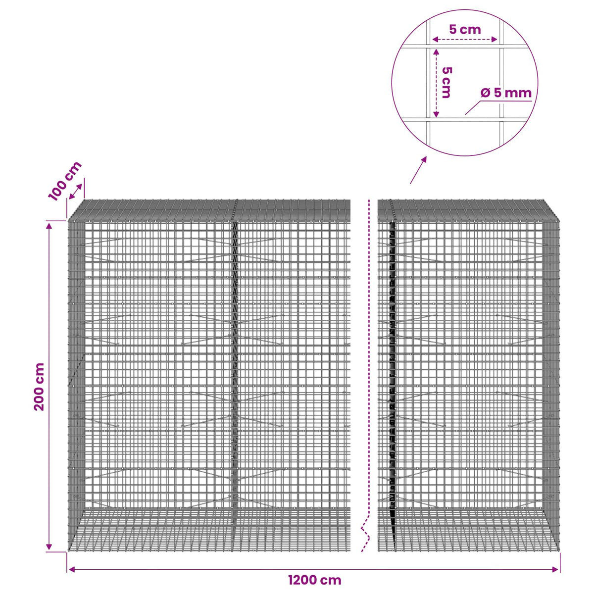 vidaXL Gabion with 5 mm Wire and 5x5 cm Mesh 1200x100x200 cm 6